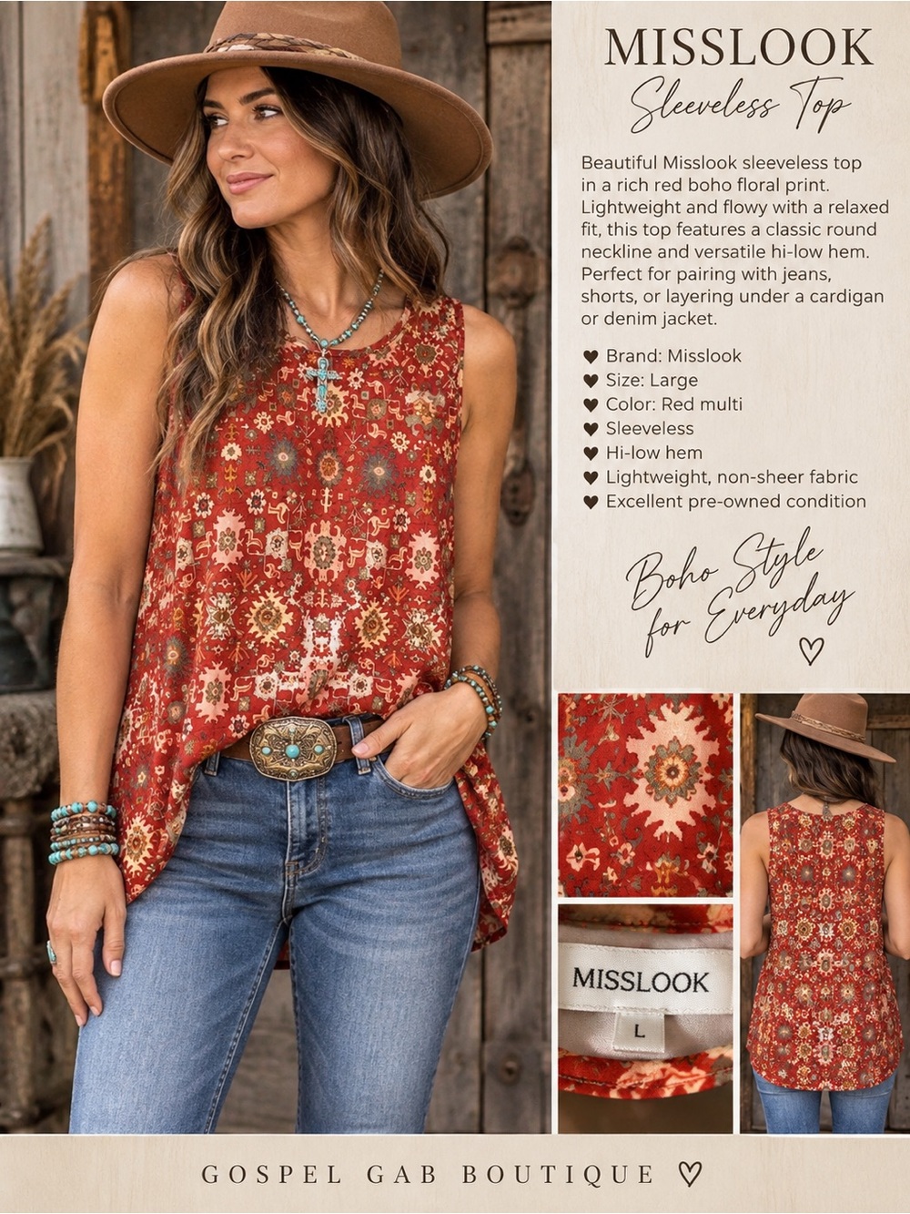 Misslook Size L Rust Red Southwestern Boho Sleeveless Hi-Low Top Sz large
